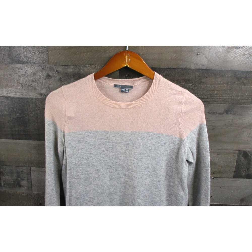 Vince Sweater Womens XXS Gray Pink Colorblock 100% Cashmere Crewneck Pullover